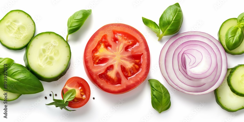 A close up of a variety of vegetables including a tomato, onion, and cucumber. The vegetables are arranged in a row, with the tomato in the middle and the onion and cucumber on either side A close up of a variety of vegetables including a tomato, onion, and cucumber. The vegetables are arranged in a row, with the tomato in the middle and the onion and cucumber on either side