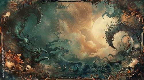 A fantastical, eerie landscape under an ominous sky, with monstrous, twisted plants and scattered skulls, creating a surreal, nightmarish visual of otherworldly desolation.