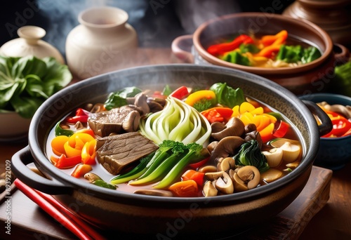 delicious steaming hot pot fresh ingredients vibrant colors served traditional bowl, broth, vegetables, meat, seafood, mushrooms, tofu, herbs, spices, sauce