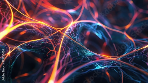 A web of interconnecting lines in shades of red, orange, and blue forms an abstract digital background