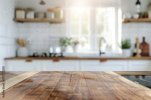 kitchen table background, wood counter top on blur of white clean abstract home interior with bokeh. used for product display or montage your wooden for dining background, podium - generative ai