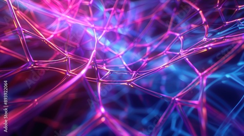 An abstract digital background featuring a web of intertwined pink and blue lines