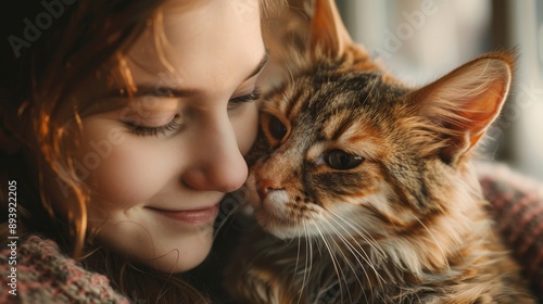 Girl cuddling a cat indoors.