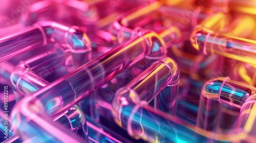 A network of glass tubes lit up with vibrant neon lights in shades of pink, yellow, and blue, forming a maze-like pattern