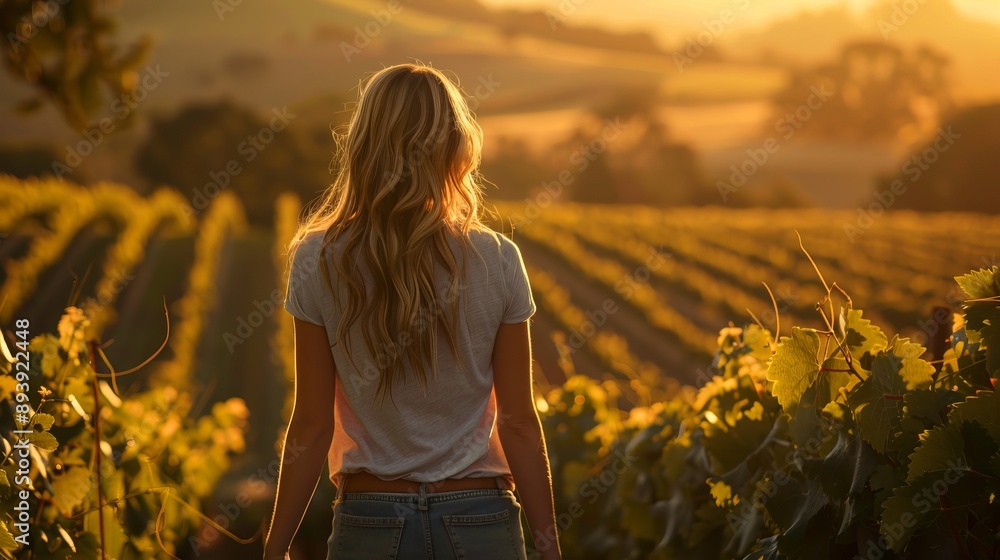 A young adult woman walks through a vineyard at sunset in summer. Rear view A young adult woman walks through a vineyard at sunset in summer. Rear view