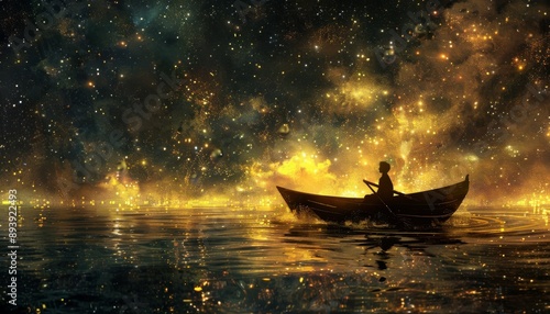 Mesmerizing digital painting of a boy rowing a boat in the sea under a starry night, illuminated by