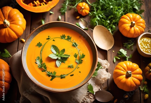 creamy smooth pumpkin soup served rustic bowl garnished fresh herbs drizzle olive oil, vegetable, healthy, orange, recipe, food, texture, spice, seasoning