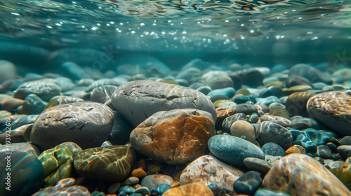 underwater photography, smooth river rocks 