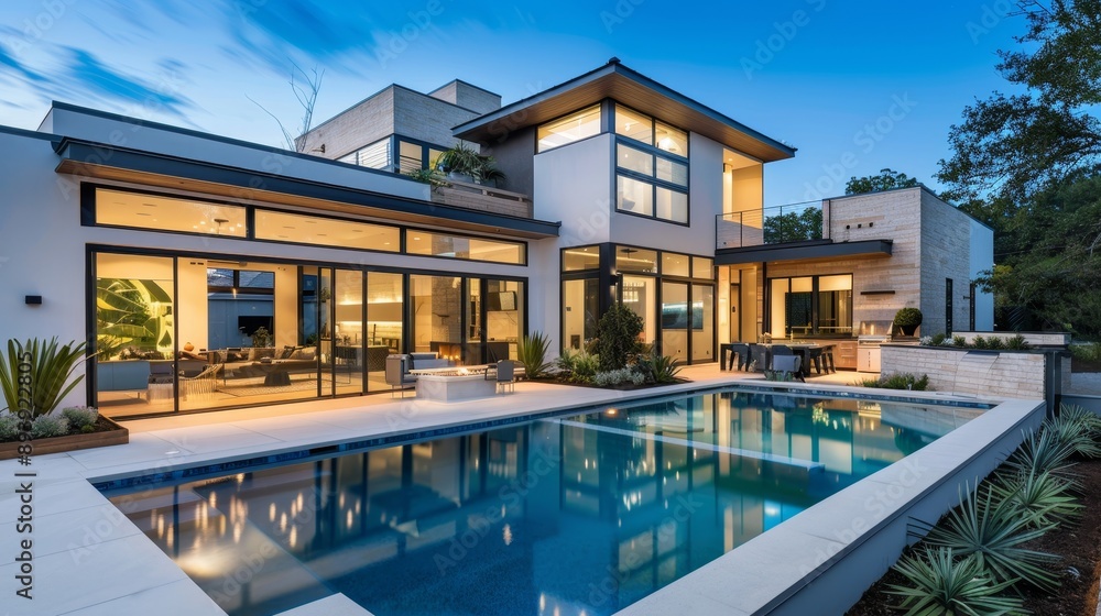 Contemporary home with landscaped garden and stylish pool under clear blue sky in a modern setting