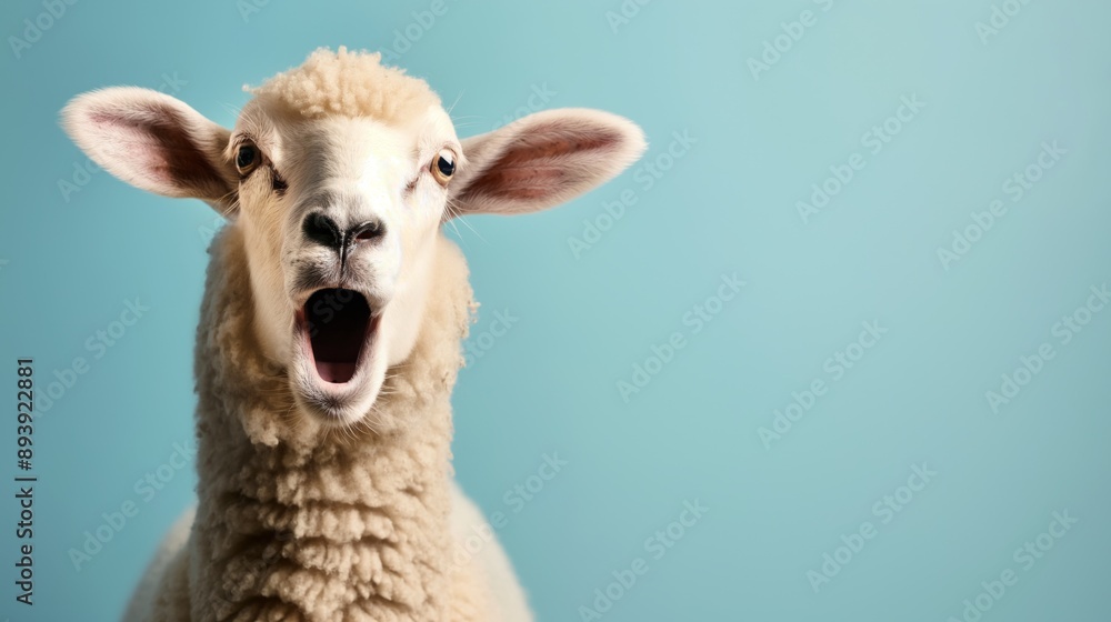 Obraz premium Funny shocked sheep reacting to surprising news or offer, with opened mouth and big eyes, portrait on blue studio background with copy space