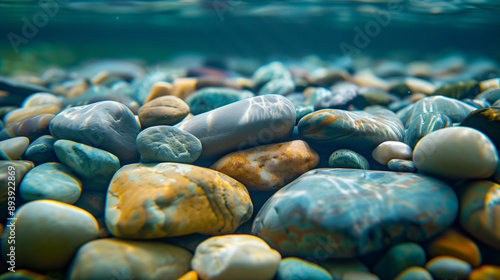 underwater photography, smooth river rocks 