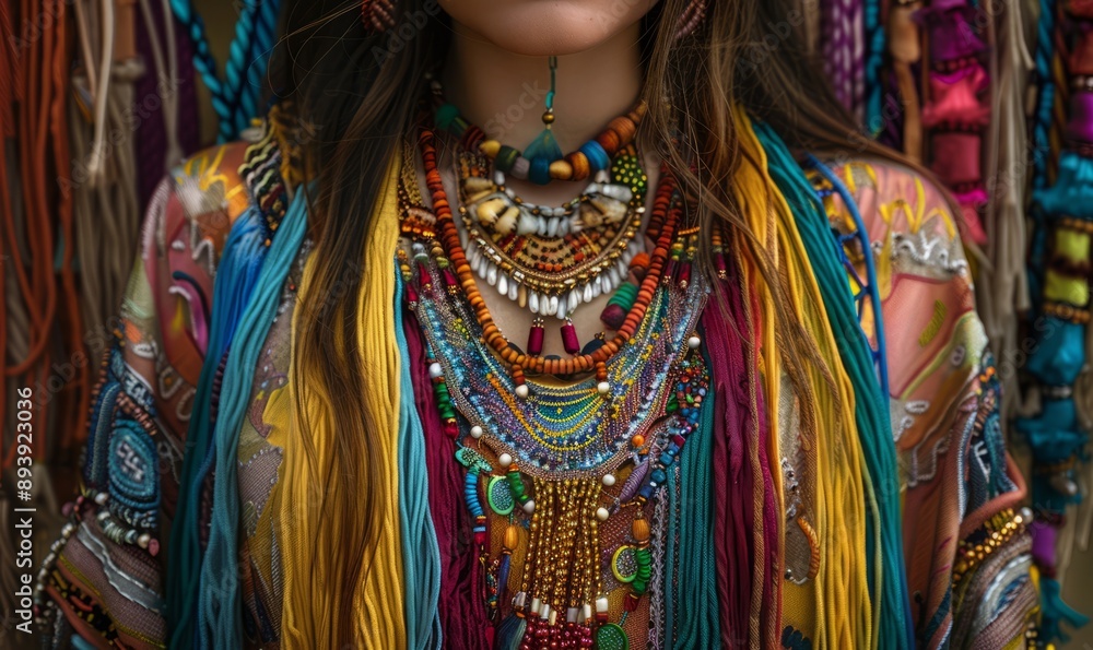 A colorful festival outfit with layers of fringe and beaded jewelry, capturing the celebratory spirit and cultural richness of global festivals A colorful festival outfit with layers of fringe and beaded jewelry, capturing the celebratory spirit and cultural richness of global festivals