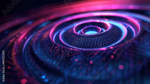 Close-up of a digital artwork with a blue and pink concentric circle design. The circles are created using glowing lines and dots