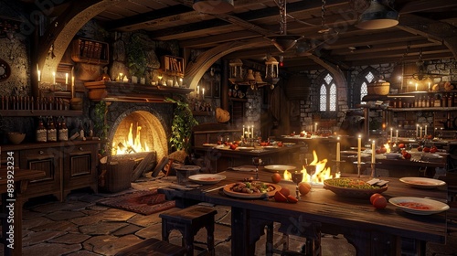 A charming and inviting tavern with a central fireplace casting a warm glow over wooden tables set for dining, evoking a sense of comfort and old-world charm.