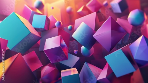 A digital illustration featuring a collection of abstract geometric shapes rendered in bright, saturated colors, seemingly floating in a 3D space