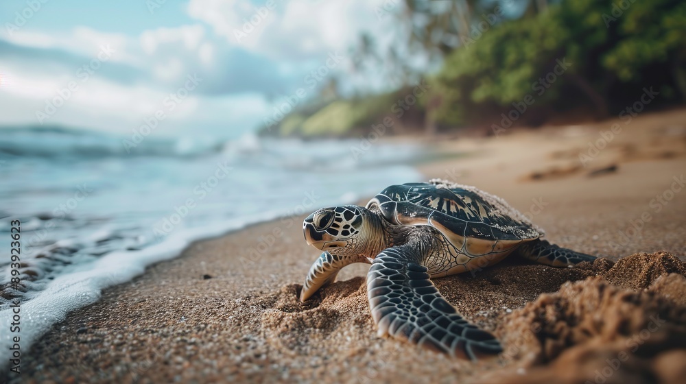 Obraz premium A close-up of a sea turtle on a sandy beach with ocean waves in the background, capturing the beauty of marine life and coastal scenery in natural sunlight at daytime.