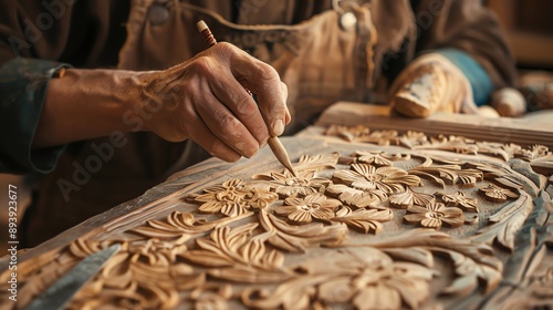 Carpenter at work. Craftsman hands working with wood. Close up.