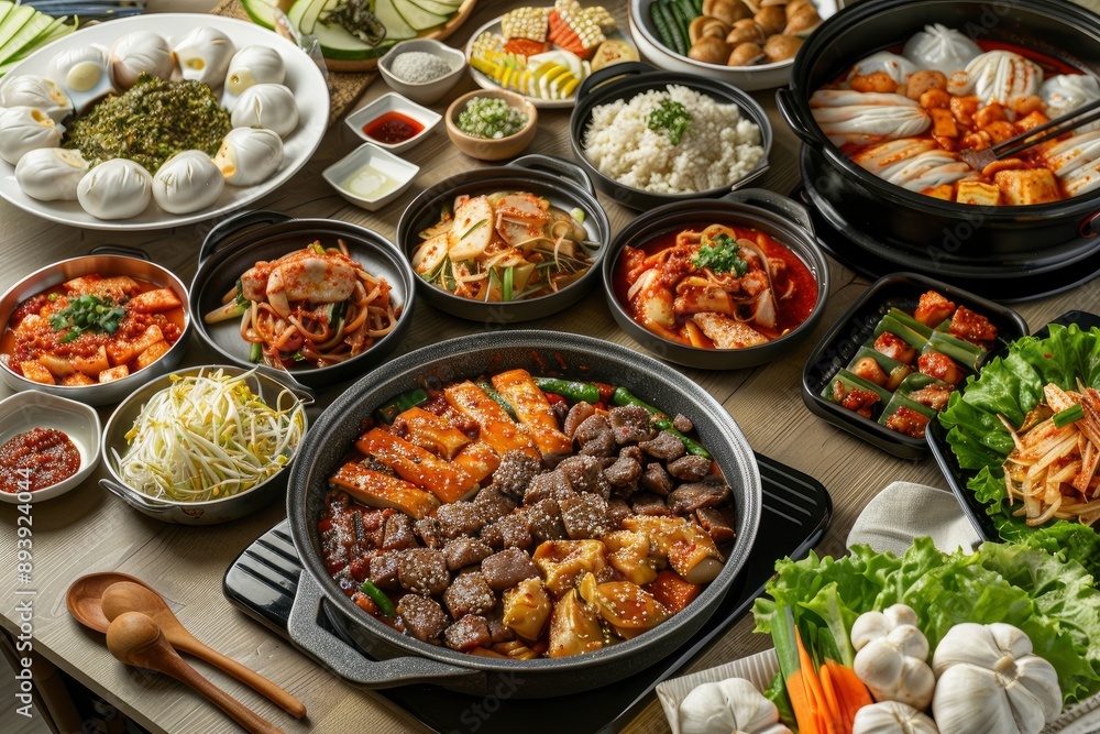 Korean foods served on a dining table. Perfect for photo illustration, article, or any cooking contents - generative ai Korean foods served on a dining table. Perfect for photo illustration, article, or any cooking contents - generative ai