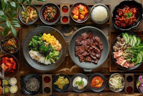 Korean foods served on a dining table. Perfect for photo illustration, article, or any cooking contents - generative ai