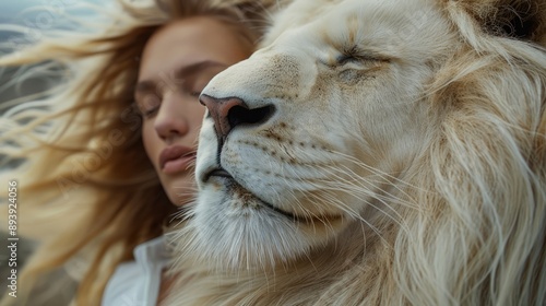 A woman is hugging a lion. The lion is white and has a peaceful expression. The woman is smiling and she is enjoying the moment.