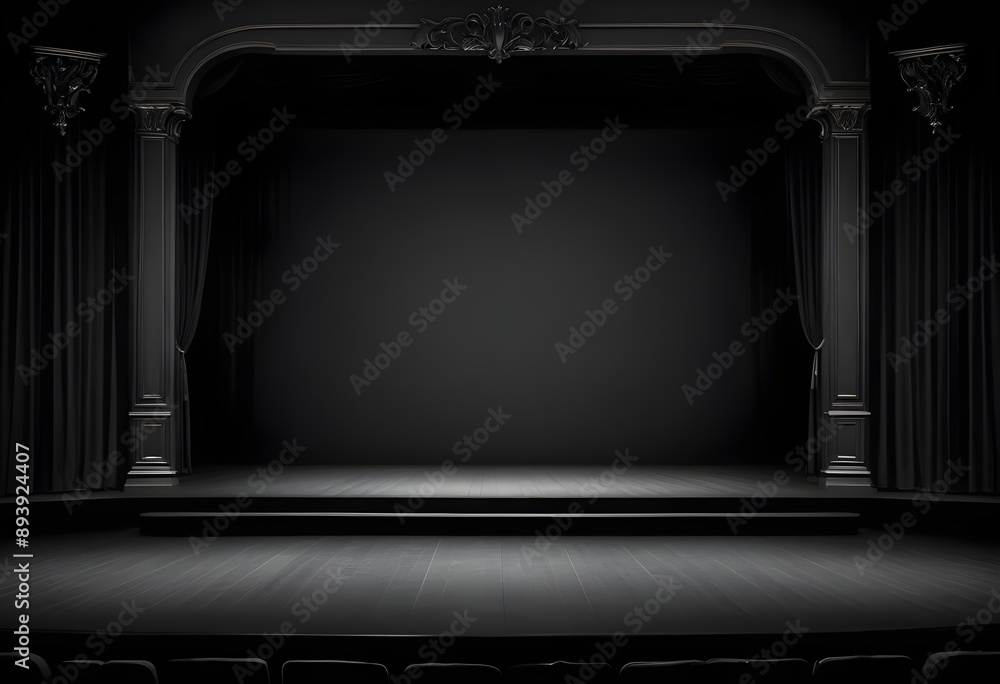 Fototapeta premium Dark empty theater stage with dark curtains, empty seats, spotlights illuminating the set, wooden floor, stairs, columns, 