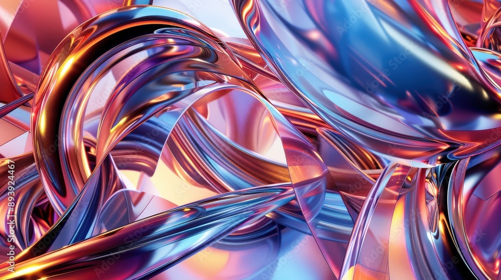 Shiny metallic ribbons twist and turn in a colorful, abstract composition Shiny metallic ribbons twist and turn in a colorful, abstract composition