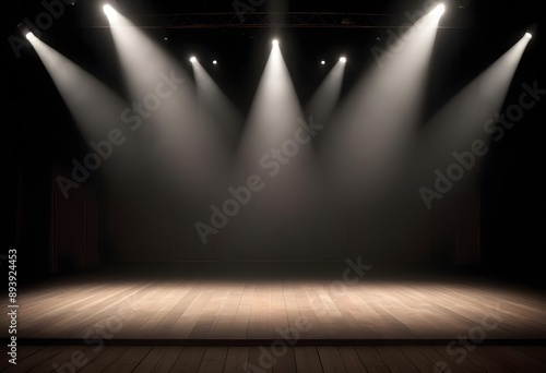 Wallpaper Mural Dark empty theater stage with dark curtains, empty seats, spotlights illuminating the set, wooden floor, stairs, columns,  Torontodigital.ca