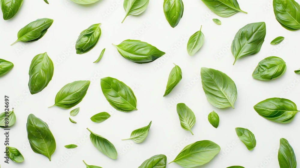 Green basil leaves scattered on a white background. The leaves are of different sizes and shapes, and they are arranged in a random pattern. Green basil leaves scattered on a white background. The leaves are of different sizes and shapes, and they are arranged in a random pattern.