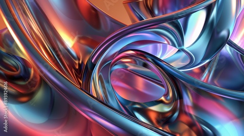 A digital illustration of flowing metallic ribbons, creating a swirling pattern in shades of blue, purple, and orange