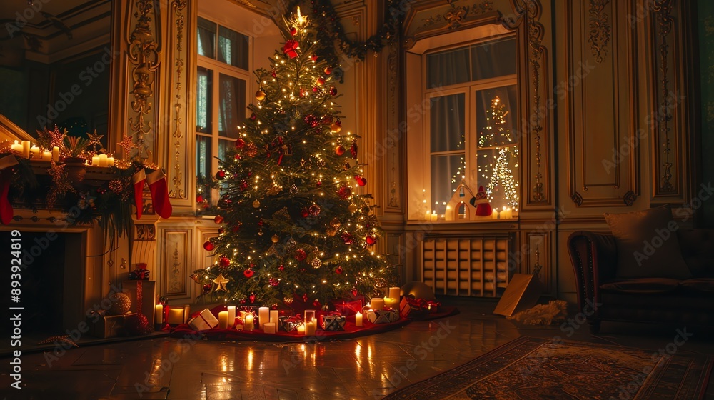 A beautiful Christmas tree stands in a living room, surrounded by presents and twinkling lights. A beautiful Christmas tree stands in a living room, surrounded by presents and twinkling lights.
