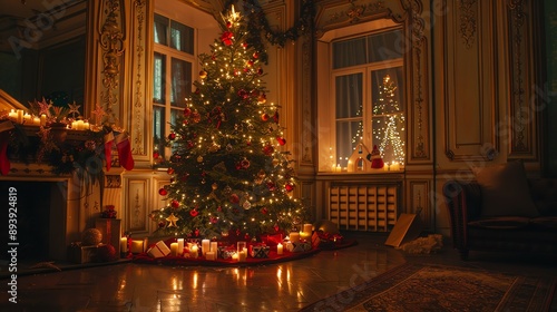 A beautiful Christmas tree stands in a living room, surrounded by presents and twinkling lights. © Dinara