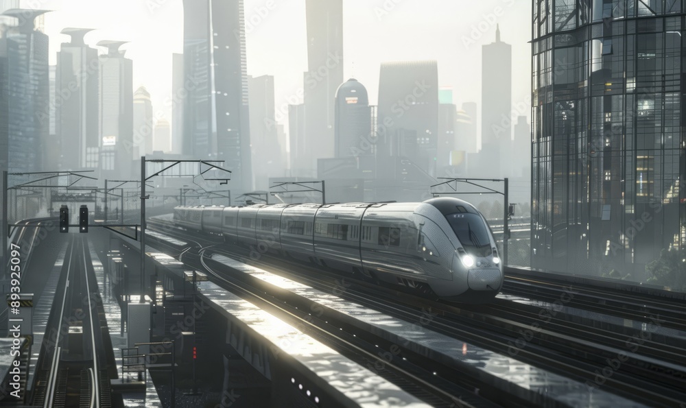 Fototapeta premium High-speed train traveling through a modern cityscape