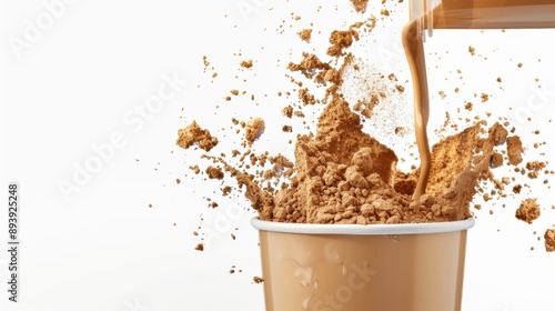 Coffee foam and ground particles being dispersed from a cup of coffee. This image can be used in food, beverage, or lifestyle contexts. photo