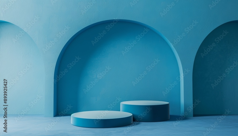 Double podium in petrol blue set against a blue background, creating a minimalist atmosphere Double podium in petrol blue set against a blue background, creating a minimalist atmosphere