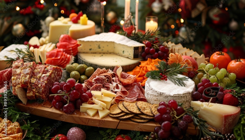 Festive cheese board with an assortment of healthy foods, perfect for a celebration Festive cheese board with an assortment of healthy foods, perfect for a celebration