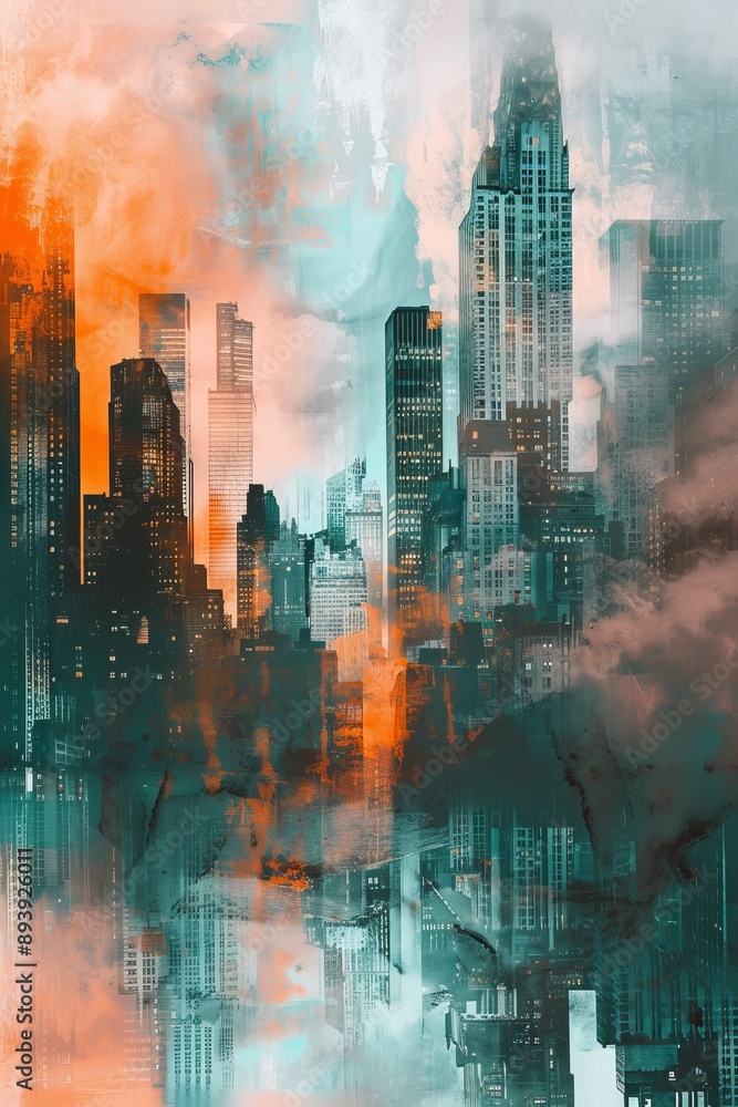 An abstract urban cityscape with skyscrapers in orange teal hues, set against grayish smog An abstract urban cityscape with skyscrapers in orange teal hues, set against grayish smog