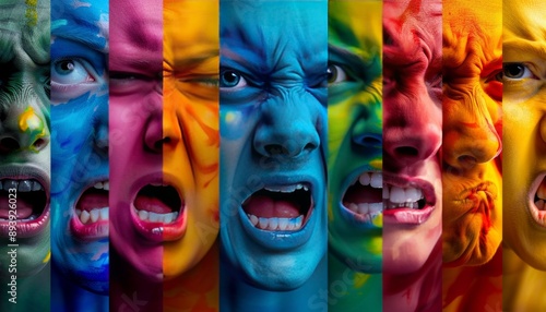 A spectrum of faces showing various emotions, arranged a colorful rainbow pattern