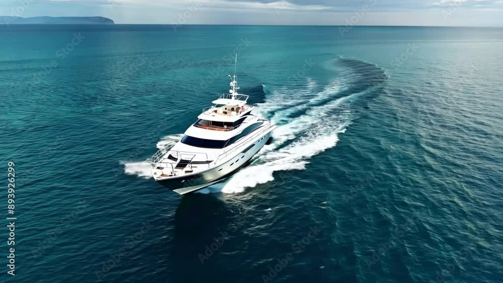 A white yacht navigates through the turquoise waters, leaving a white wake behind it. A white yacht navigates through the turquoise waters, leaving a white wake behind it.