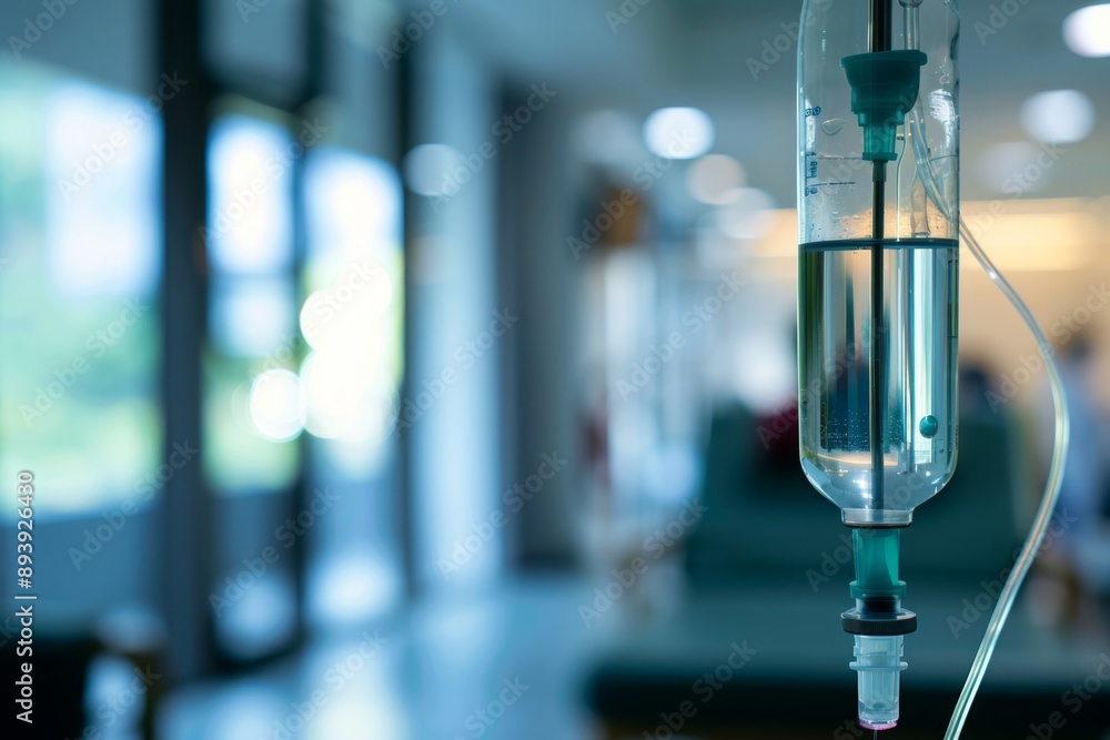 Close-up of an intravenous drip in a hospital setting, with blurred background, focused on the IV fluid bag. This image captures a medical and healthcare theme. Ideal for health articles Close-up of an intravenous drip in a hospital setting, with blurred background, focused on the IV fluid bag. This image captures a medical and healthcare theme. Ideal for health articles
