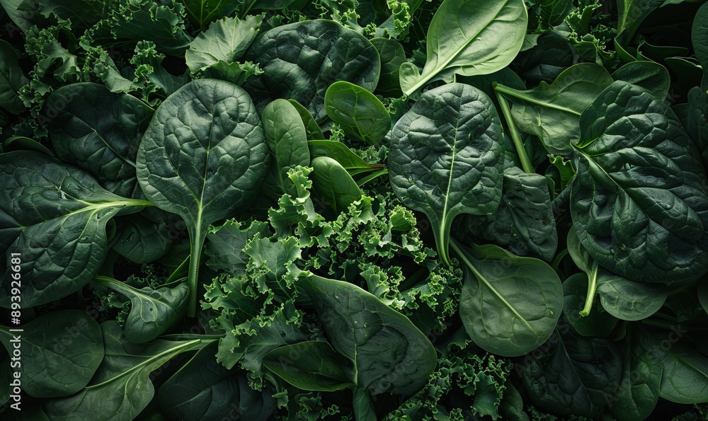 Fresh spinach and kale leaves Fresh spinach and kale leaves