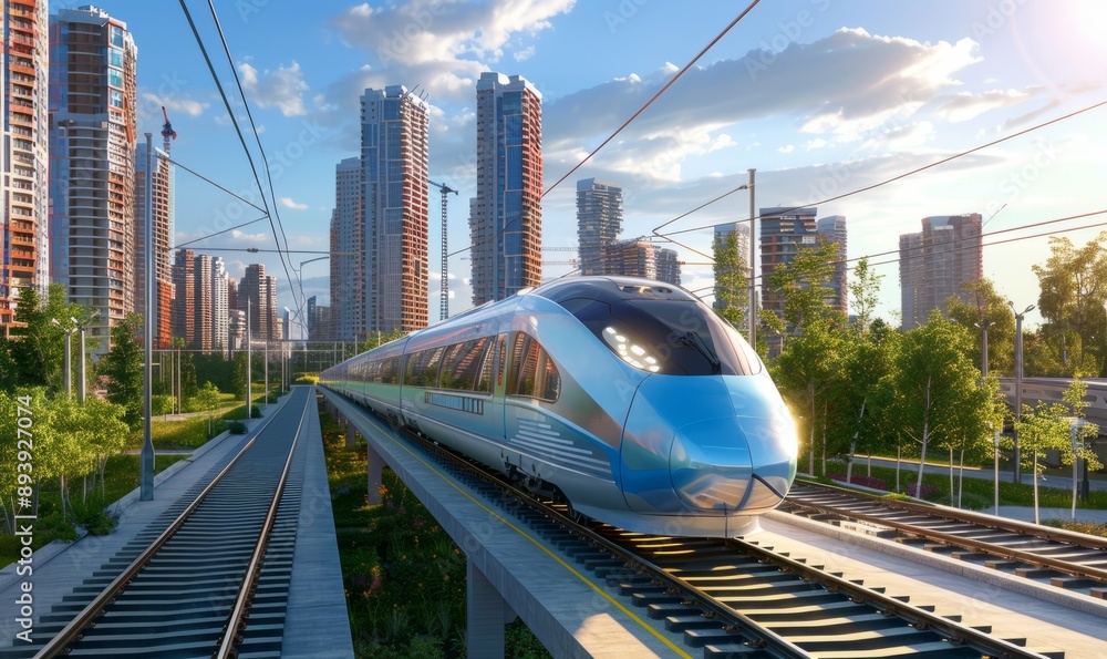 Naklejka premium High-speed train traveling through a modern cityscape