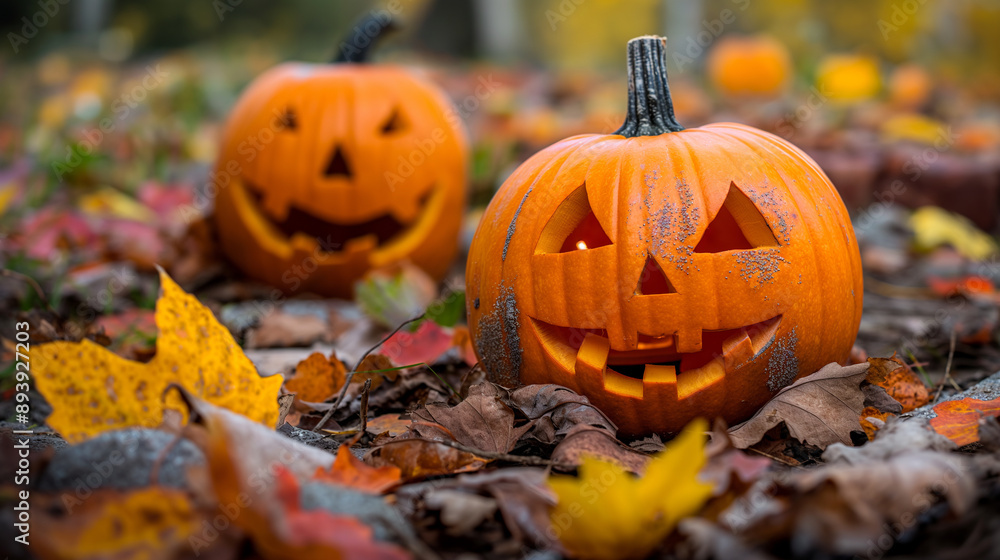 Two pumpkins with faces carved into them are sitting on the ground in a field of Two pumpkins with faces carved into them are sitting on the ground in a field of