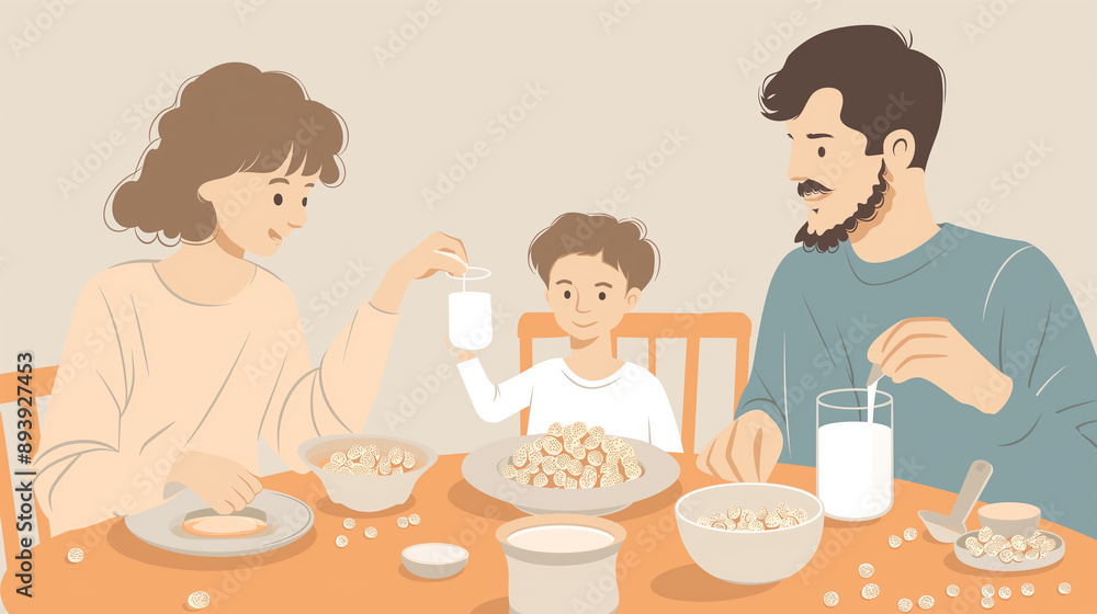 A family of three is sitting at a table with bowls of cereal and milk A family of three is sitting at a table with bowls of cereal and milk