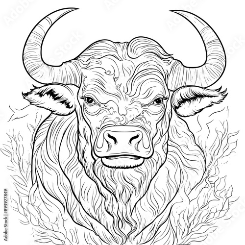 Pencil drawn bull head silhouette, black and white art, sketch, ornament