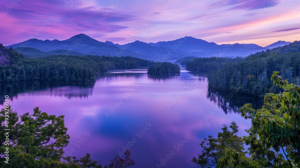 Fototapeta premium A tranquil lake reflecting a purple sunset sky framed by majestic mountains and lush forests