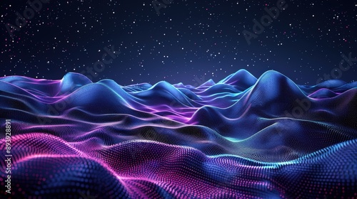 A digital landscape of undulating, vibrant hills glows in the dark, illuminated by a starry sky
