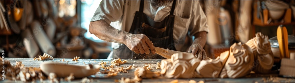 Sharp photo showing a woodcarver at work in the workshop, focused his craft Sharp photo showing a woodcarver at work in the workshop, focused his craft
