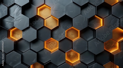 A sleek, modern hexagonal pattern with a combination of black and gold elements, creating a stylish and futuristic look photo