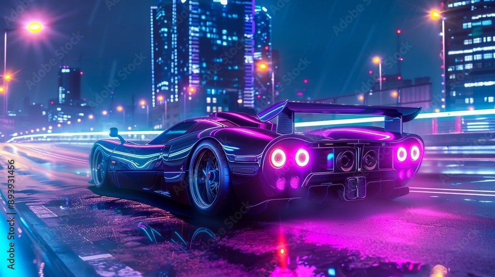 Elegant supercar with sparkling accents, celebrity portraits in cinquecento style under neon lights Elegant supercar with sparkling accents, celebrity portraits in cinquecento style under neon lights