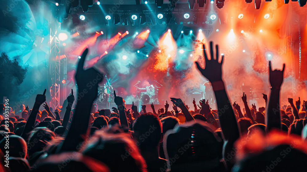 Obraz premium Concert Crowd Under Vibrant Stage Lights at Music Festival, Excited Audience, Live Performance, Energetic Atmosphere, Festival Lights, High-Resolution Image, Music Event, Dynamic Stage Lighting